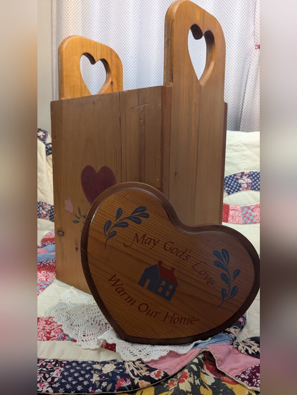 Cottagecore bundle Vintage Wooden heart sign & Umbrella/magazine Holder folk art